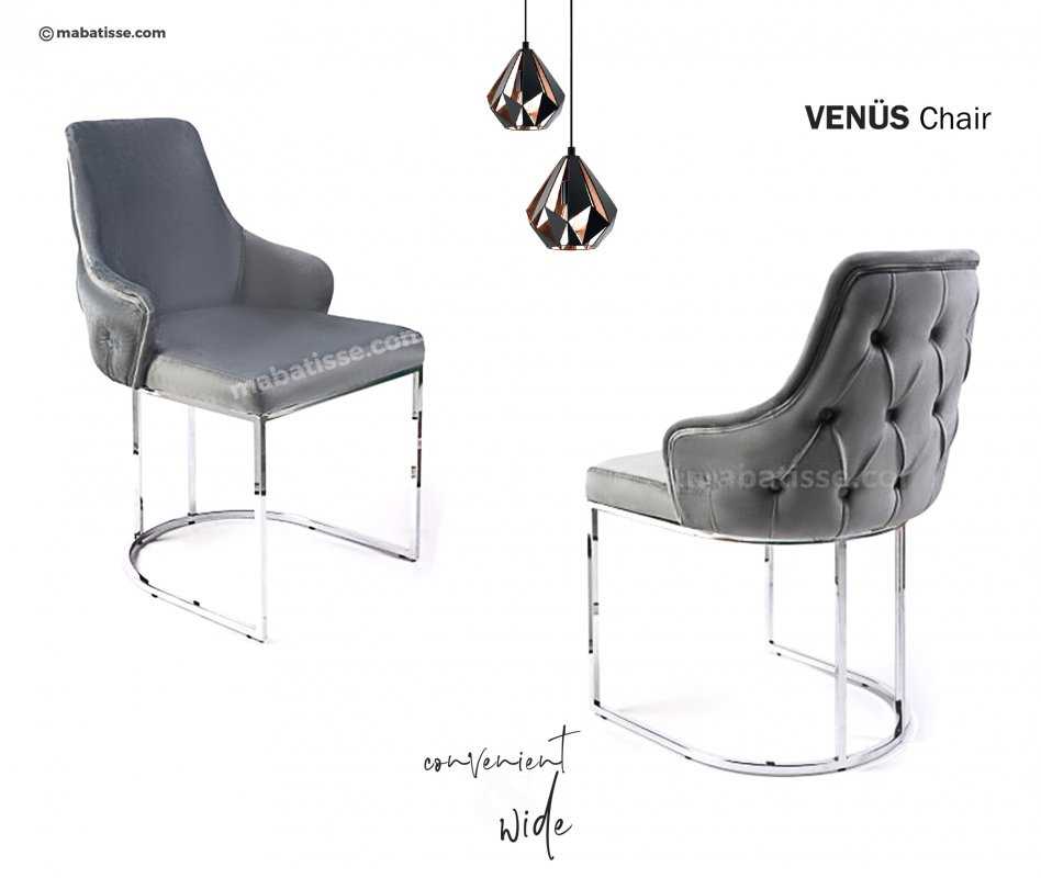 Chaise gris capitonnée velours pied chromée  VENUS
